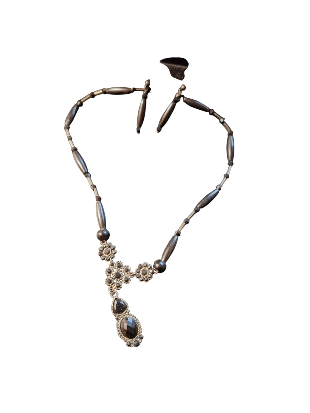 Vintage DEAD STOCK Black & Silver Toned Necklace & Earring SET Tribal Bohemian